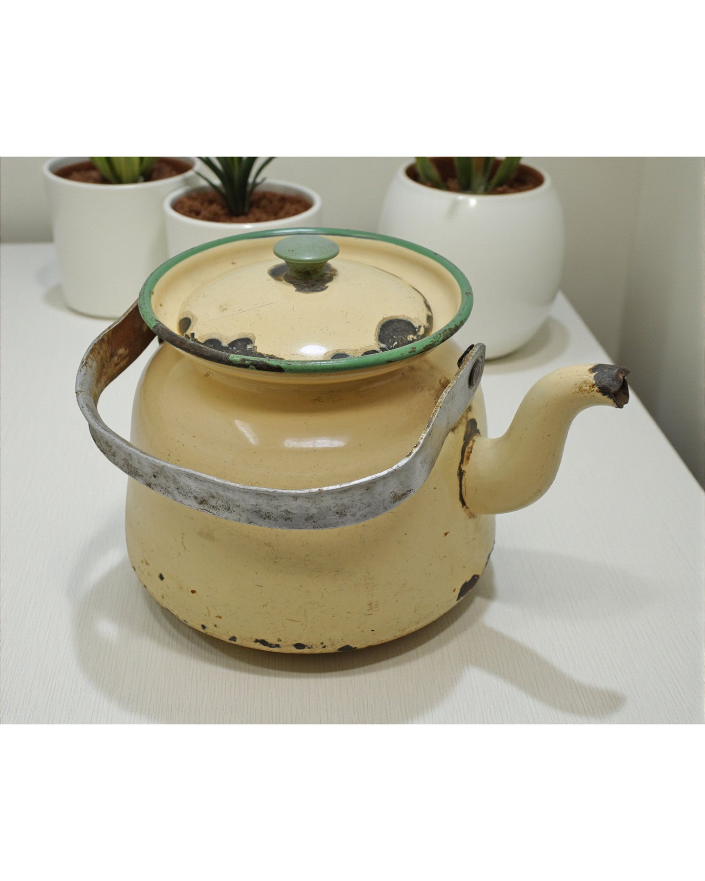 Vintage Iron Enamelware Tea Kettle Original Old Hand Crafted Enamel Painted