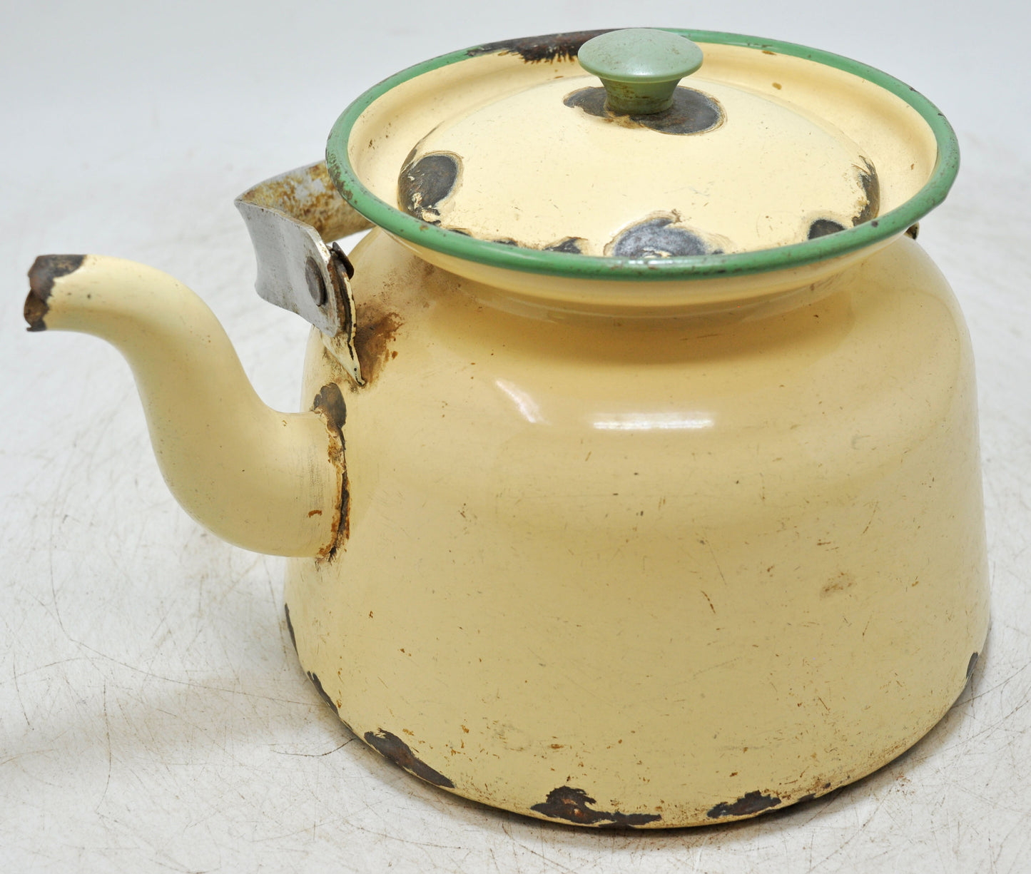 Vintage Iron Enamelware Tea Kettle Original Old Hand Crafted Enamel Painted