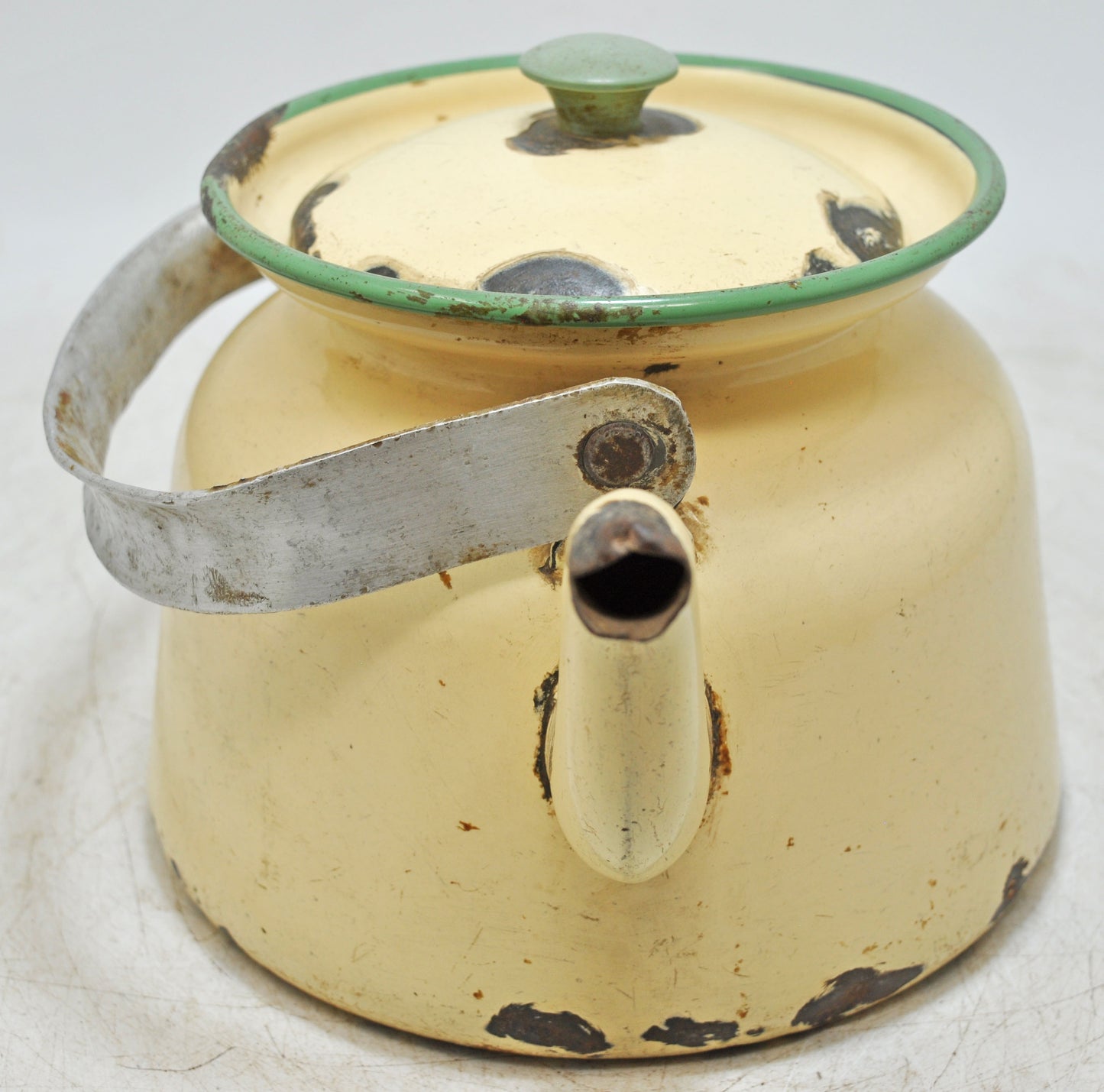 Vintage Iron Enamelware Tea Kettle Original Old Hand Crafted Enamel Painted