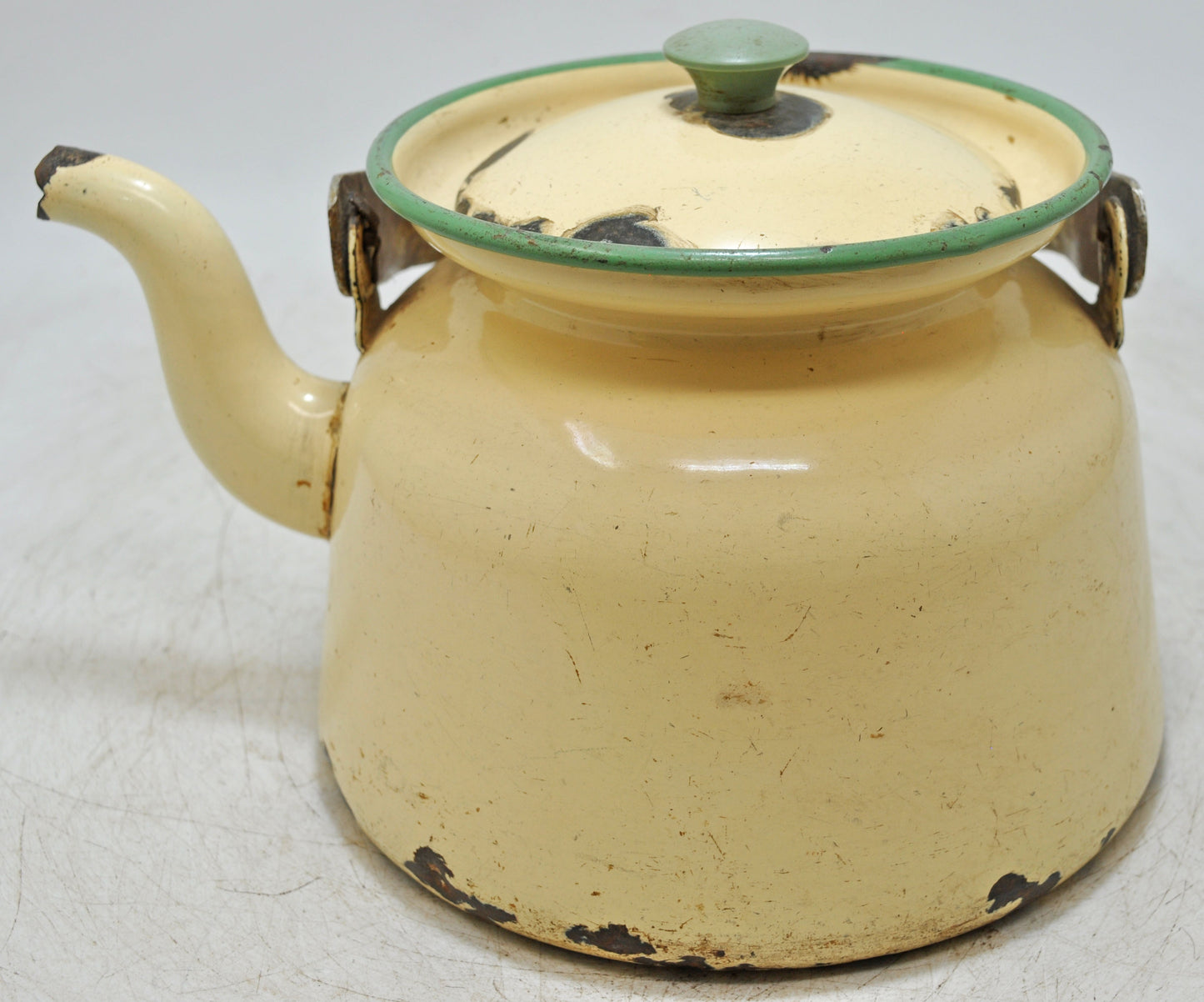 Vintage Iron Enamelware Tea Kettle Original Old Hand Crafted Enamel Painted