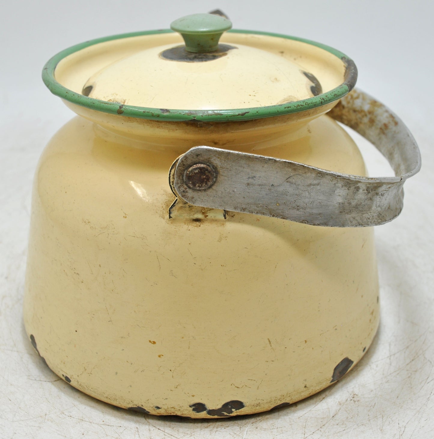 Vintage Iron Enamelware Tea Kettle Original Old Hand Crafted Enamel Painted