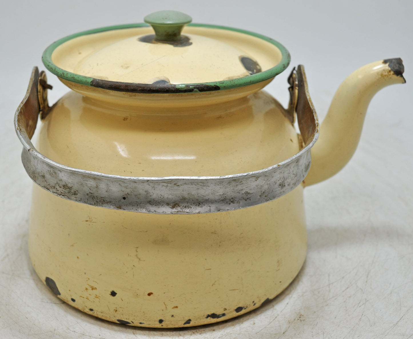 Vintage Iron Enamelware Tea Kettle Original Old Hand Crafted Enamel Painted