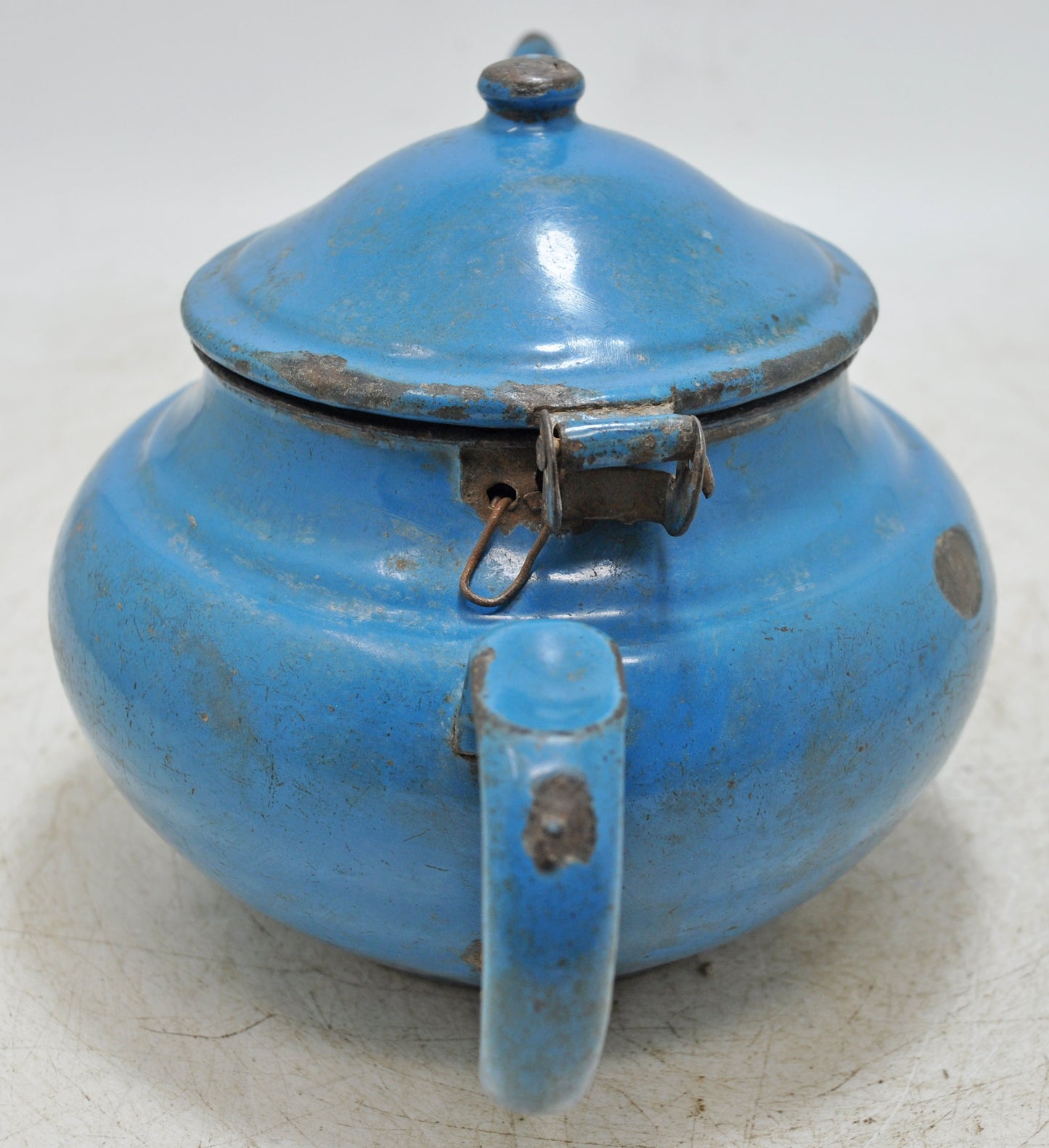 Vintage Iron Enamelware Tea Kettle Original Old Hand Crafted Enamel Painted