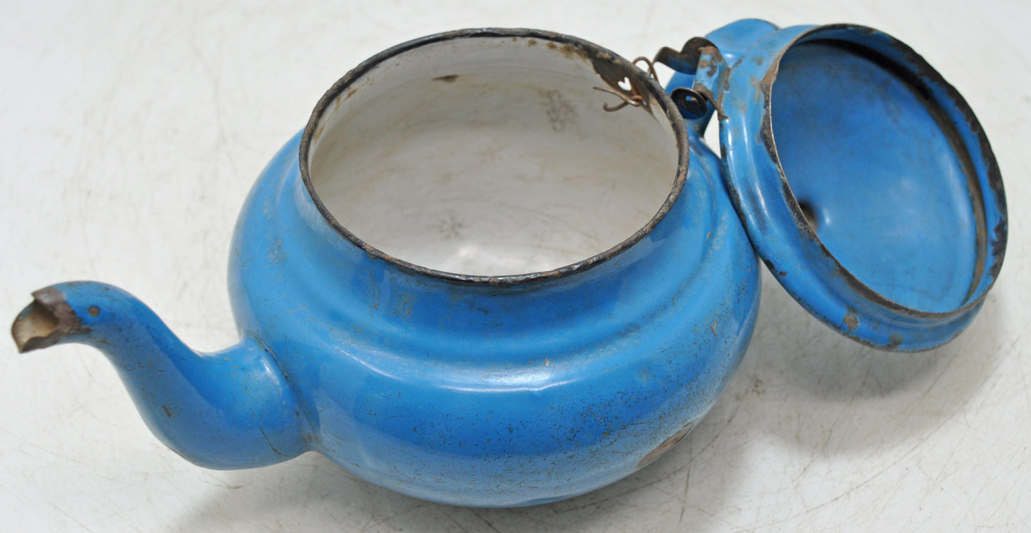 Vintage Iron Enamelware Tea Kettle Original Old Hand Crafted Enamel Painted