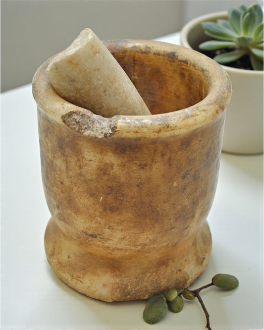 Antique White Marble Mortar and Pestle Spice Grinder Original Old Hand Carved