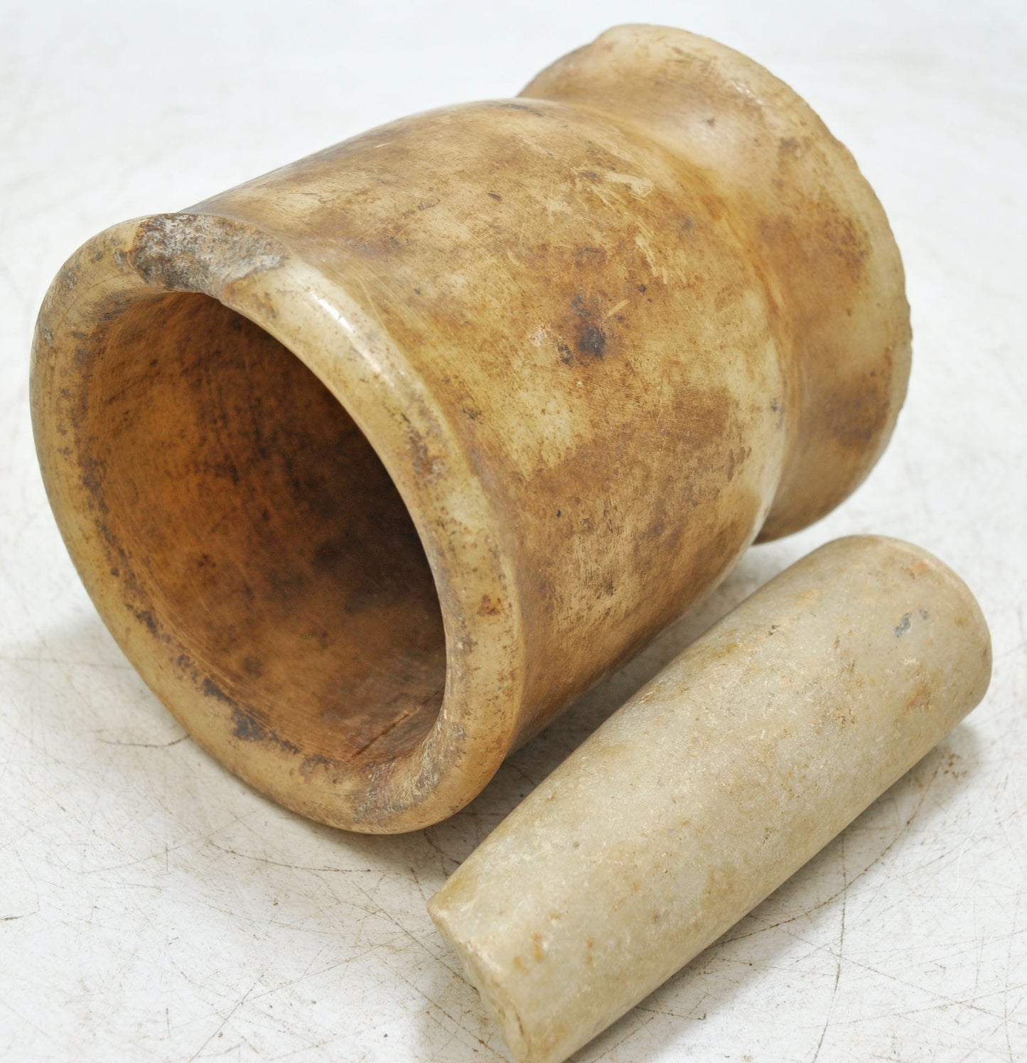 Antique White Marble Mortar and Pestle Spice Grinder Original Old Hand Carved