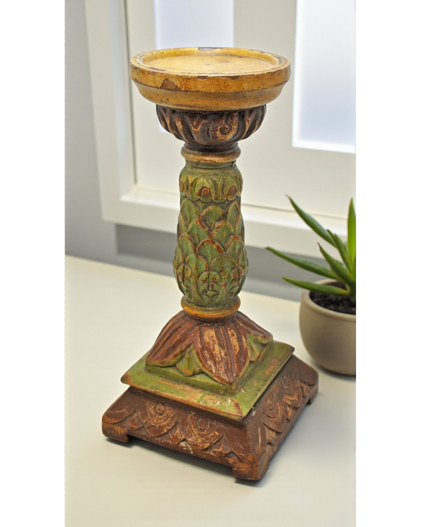 Vintage Wooden Candle Holder Stand Original Old Hand Carved Painted