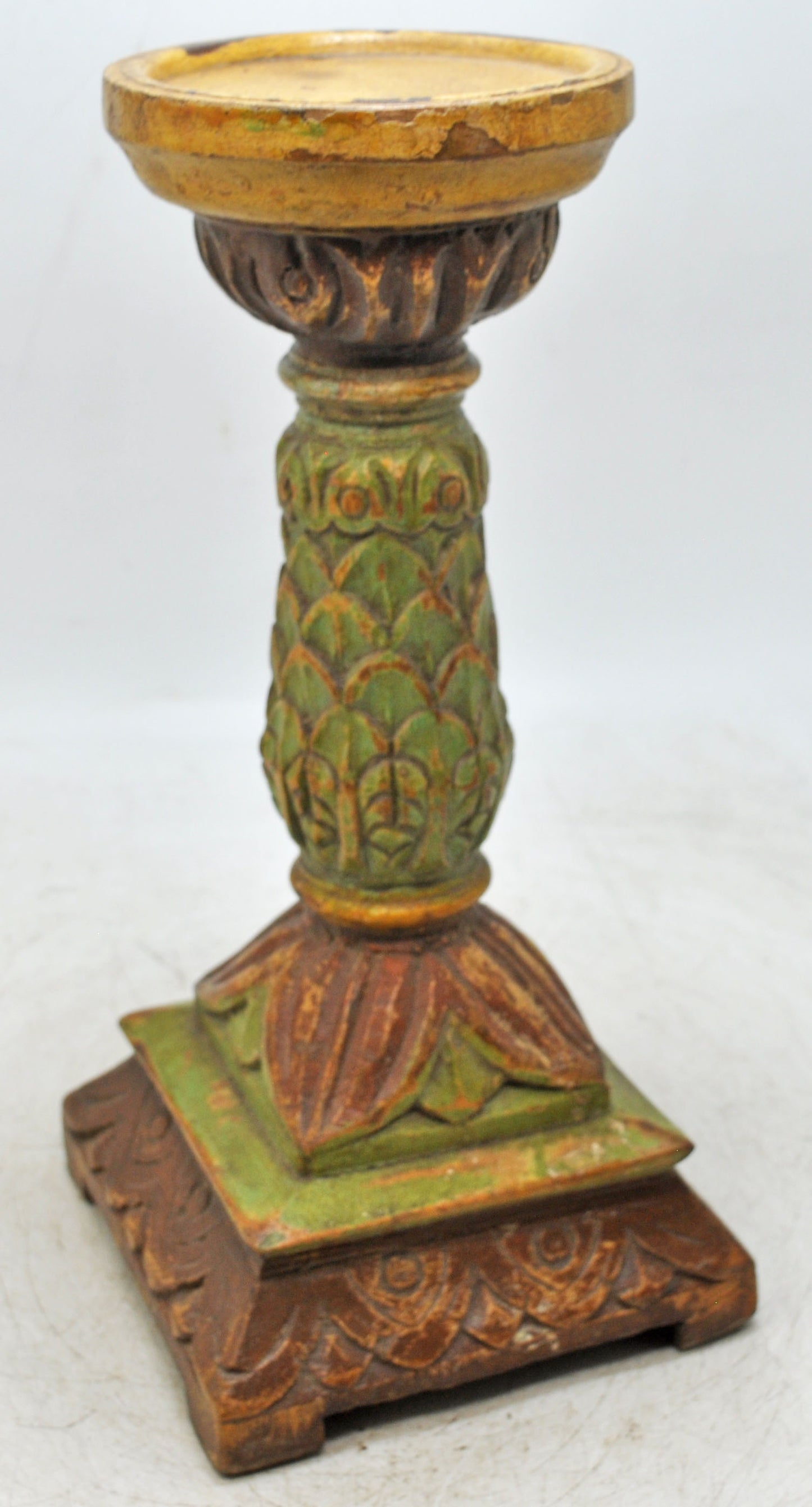 Vintage Wooden Candle Holder Stand Original Old Hand Carved Painted