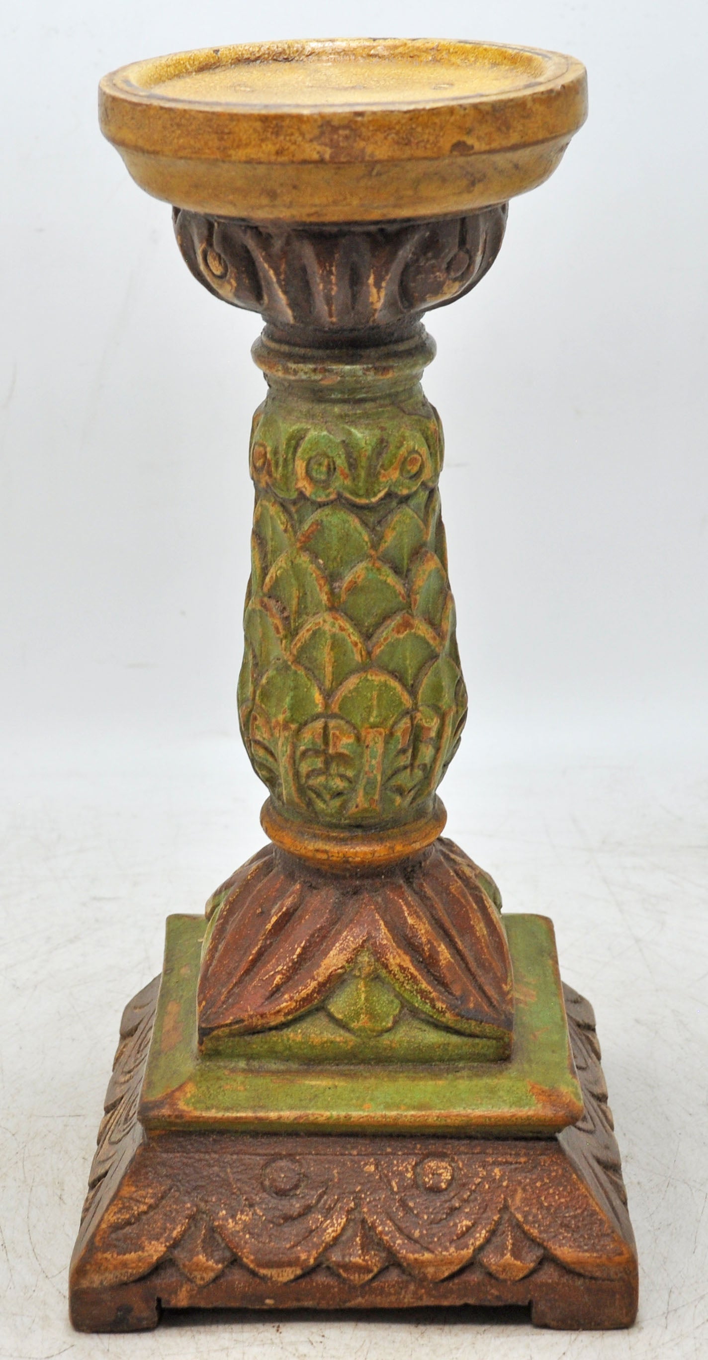 Vintage Wooden Candle Holder Stand Original Old Hand Carved Painted