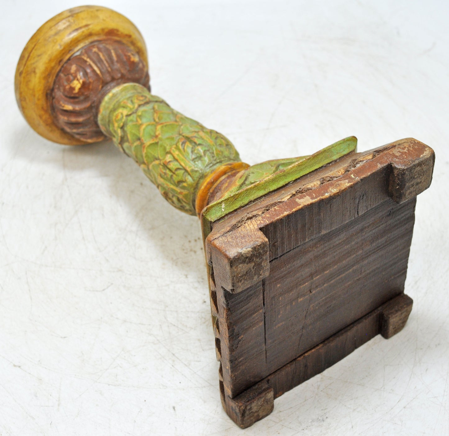 Vintage Wooden Candle Holder Stand Original Old Hand Carved Painted