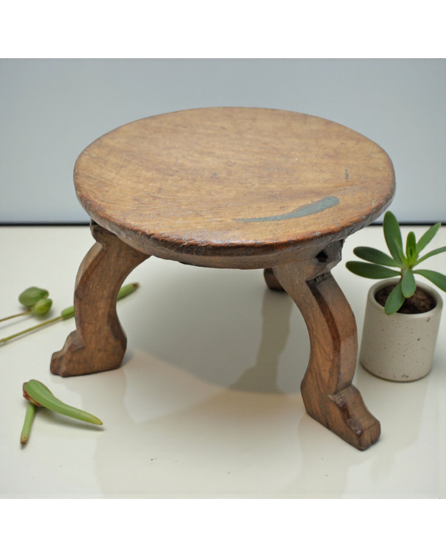 Antique Wooden Small Round Bajot Low Stool Original Old Hand Crafted