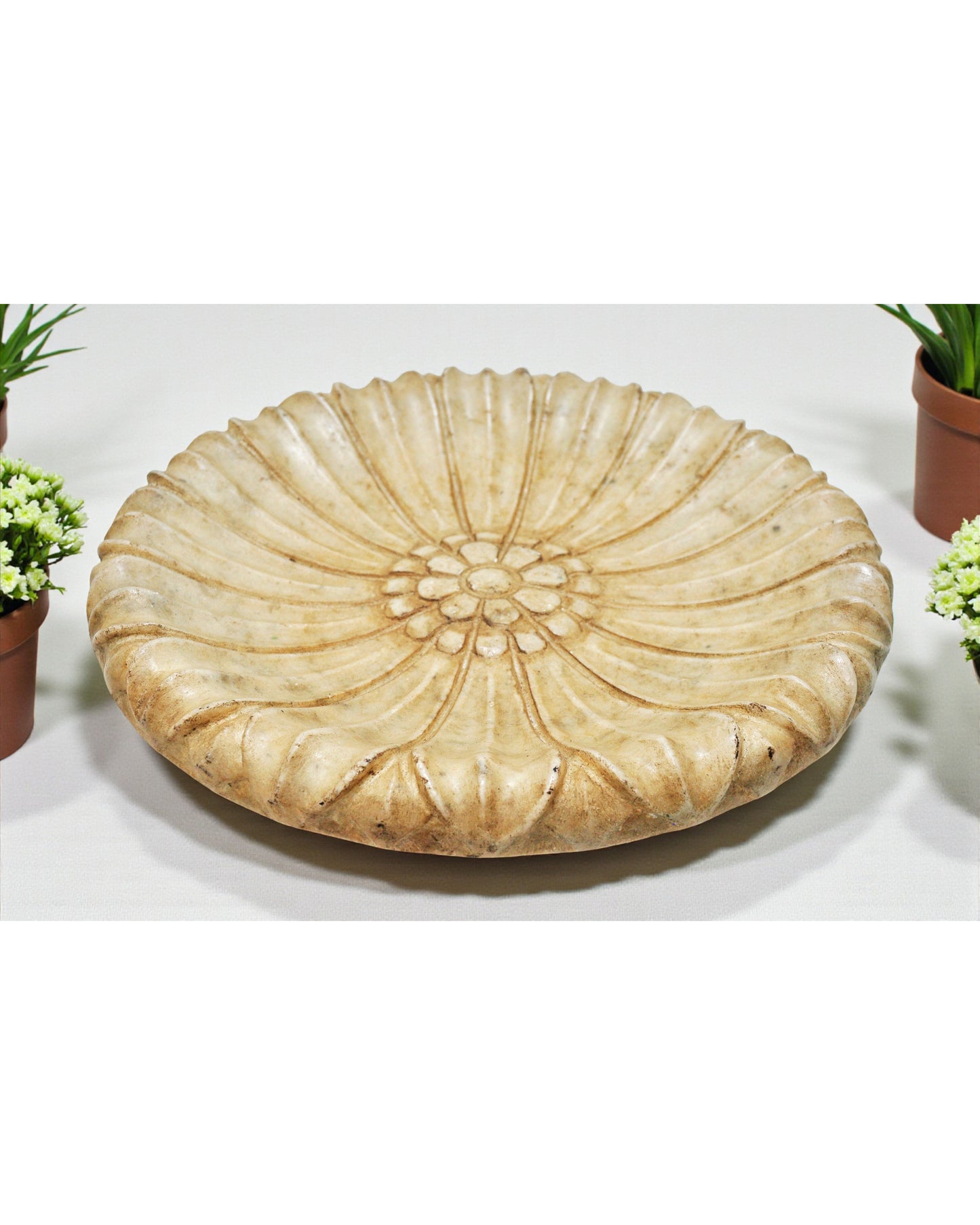 Fine Hand Carved White Marble Decorative Round Flower Shaped Plate Bowl