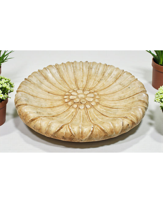 Fine Hand Carved White Marble Decorative Round Flower Shaped Plate Bowl