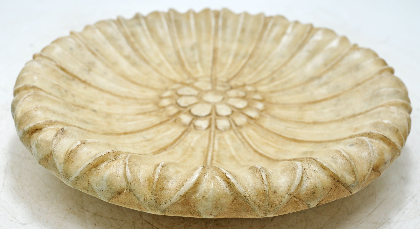 Fine Hand Carved White Marble Decorative Round Flower Shaped Plate Bowl