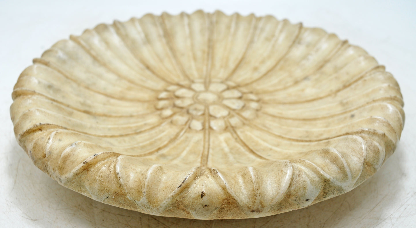 Fine Hand Carved White Marble Decorative Round Flower Shaped Plate Bowl