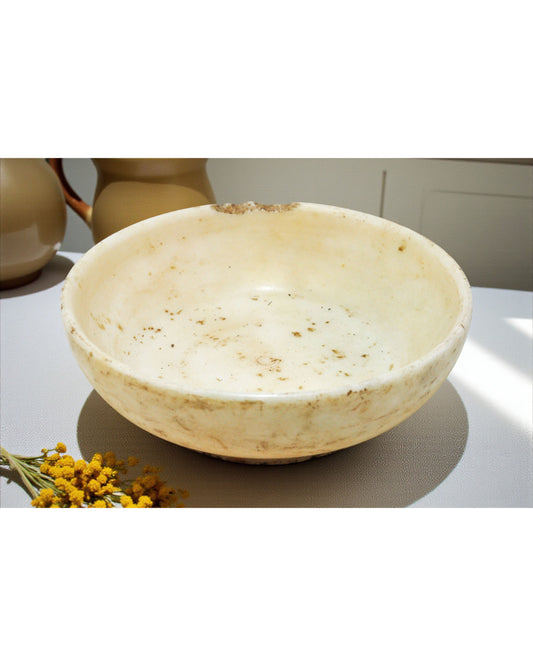 Antique White Marble Round Kitchenware Bowl Original Old Hand Carved