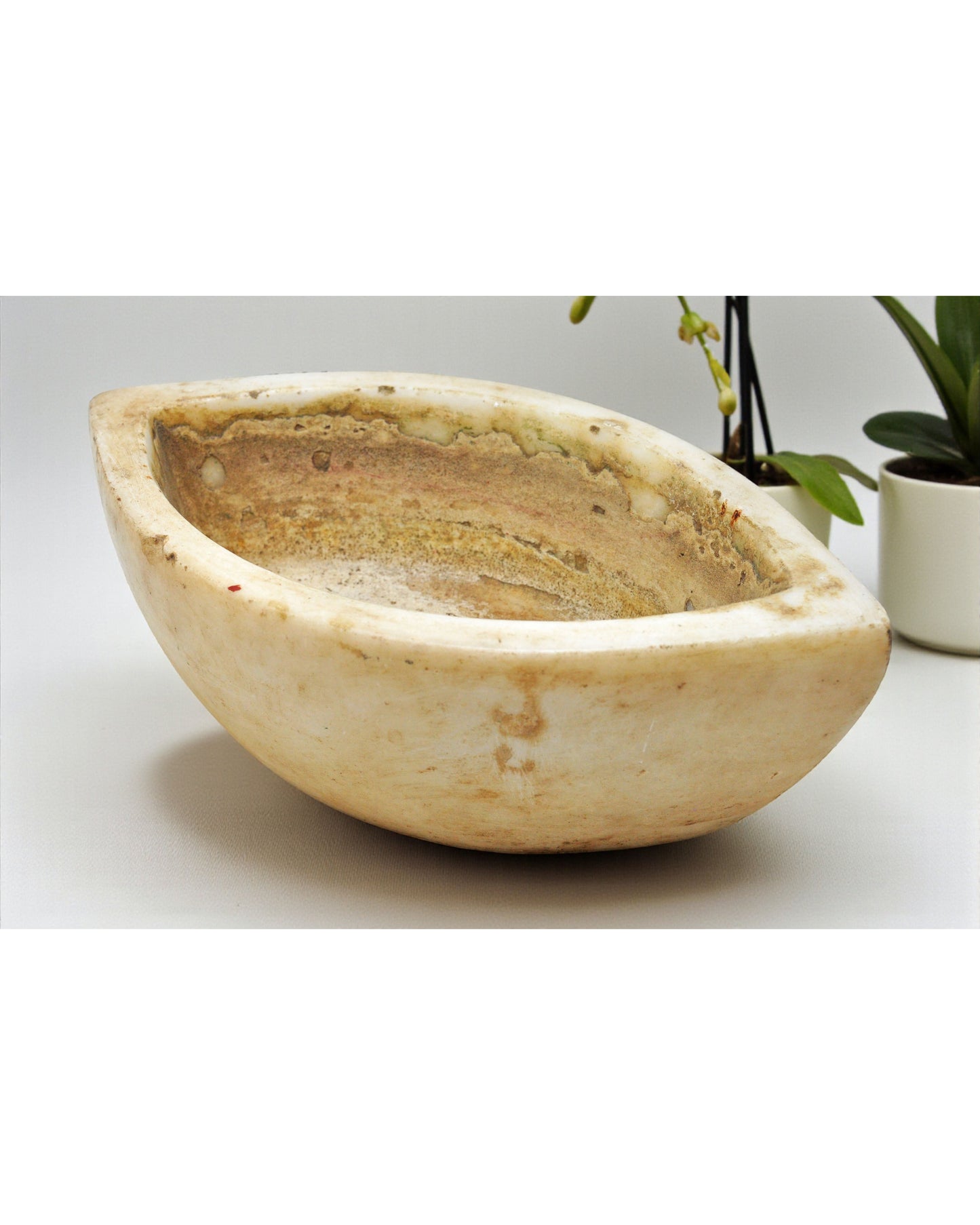 Antique White Marble Oval Spice Grinding Kharal Bowl Original Old Hand Carved