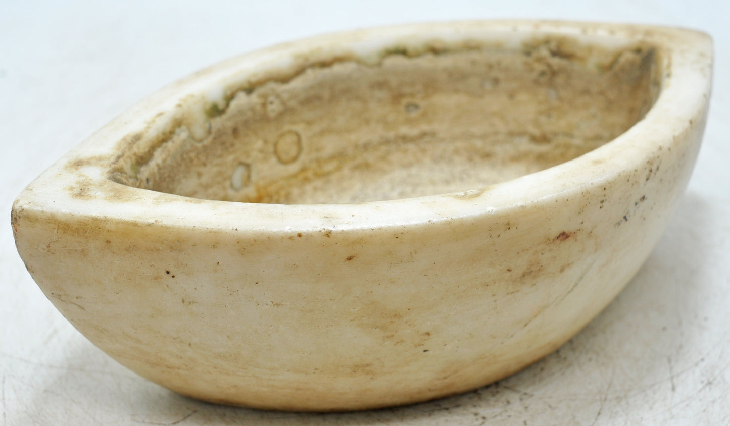 Antique White Marble Oval Spice Grinding Kharal Bowl Original Old Hand Carved