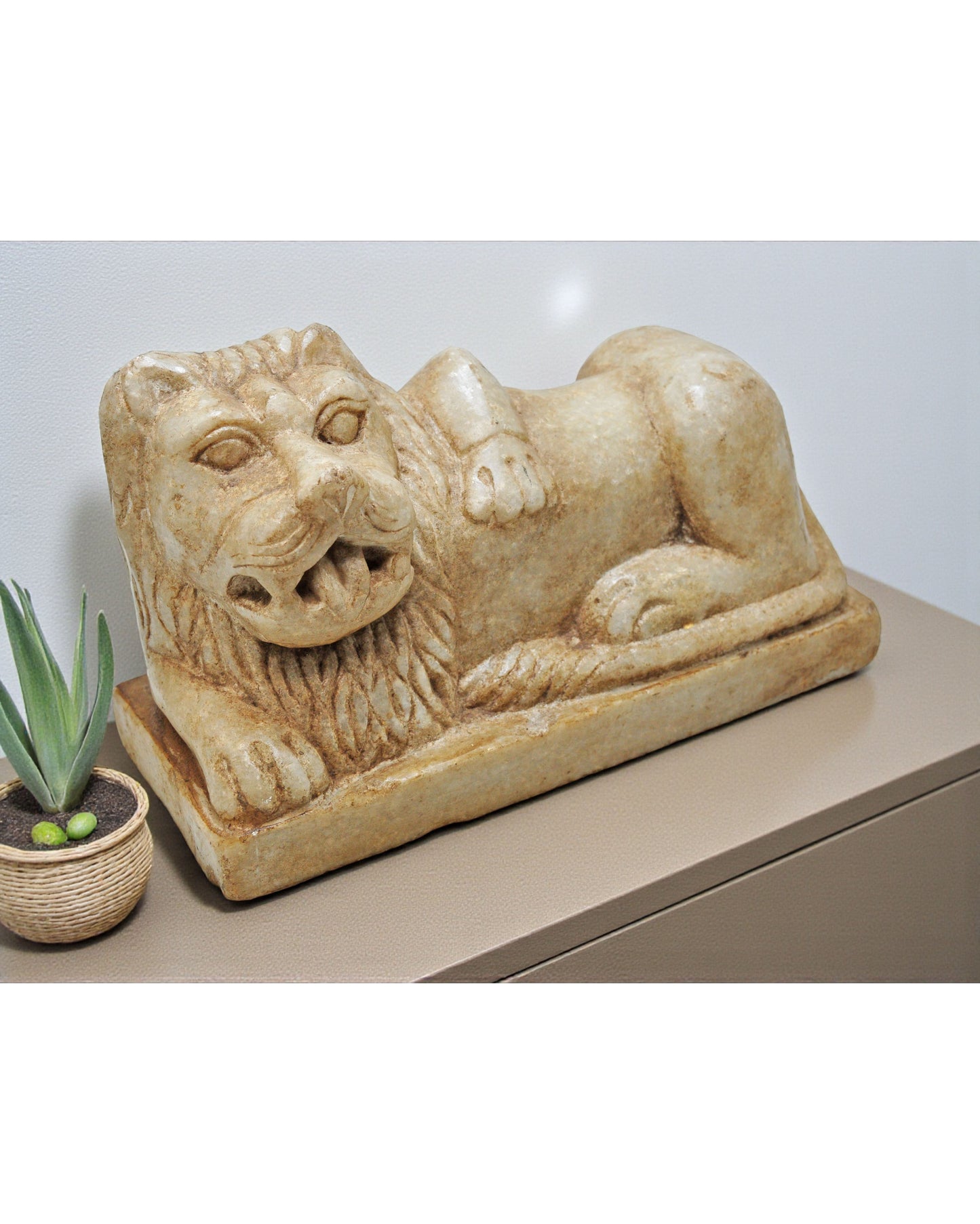 Fine Hand Carved White Marble Decorative Sleeping Lion Figurine