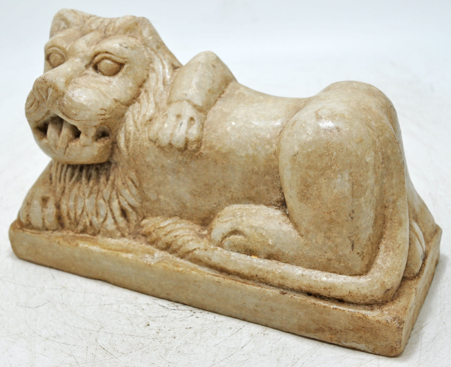Fine Hand Carved White Marble Decorative Sleeping Lion Figurine