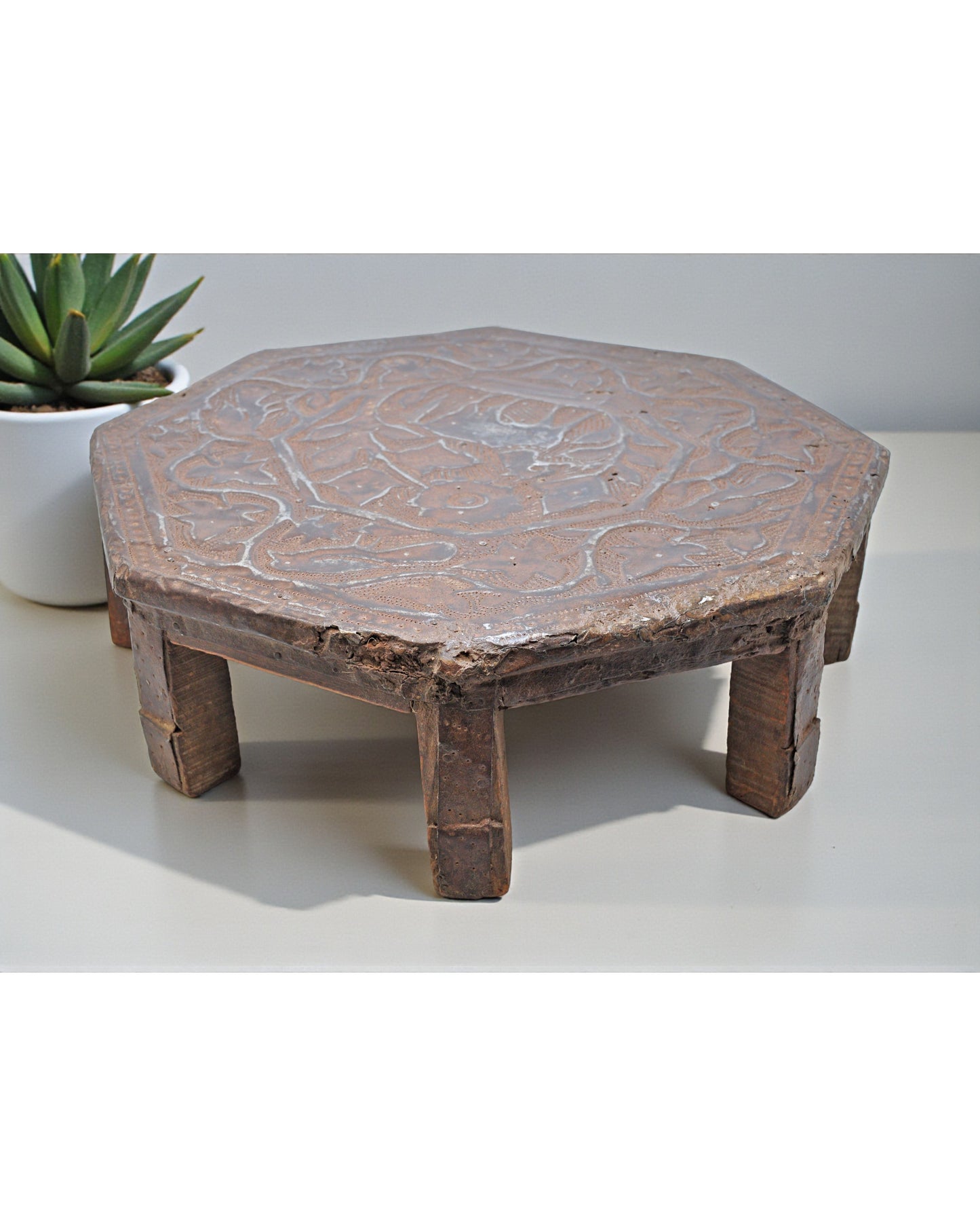 Antique Wooden Floor Sitting Bajot Lot Stool Original Old Fine Hand Crafted Metal Fitted