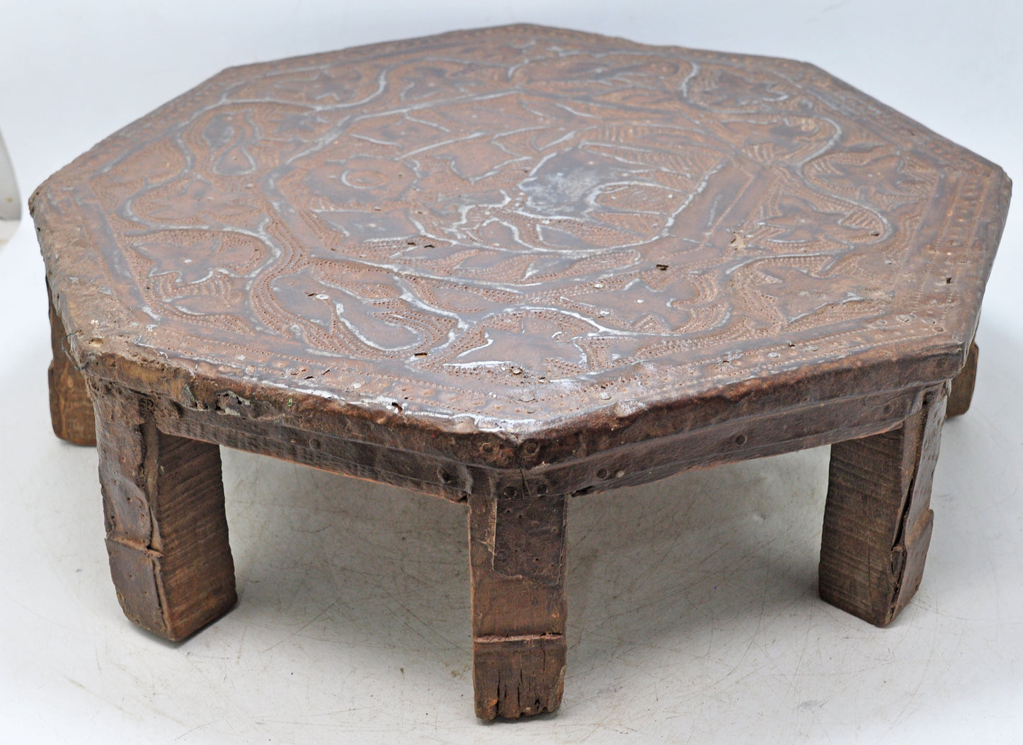 Antique Wooden Floor Sitting Bajot Lot Stool Original Old Fine Hand Crafted Metal Fitted