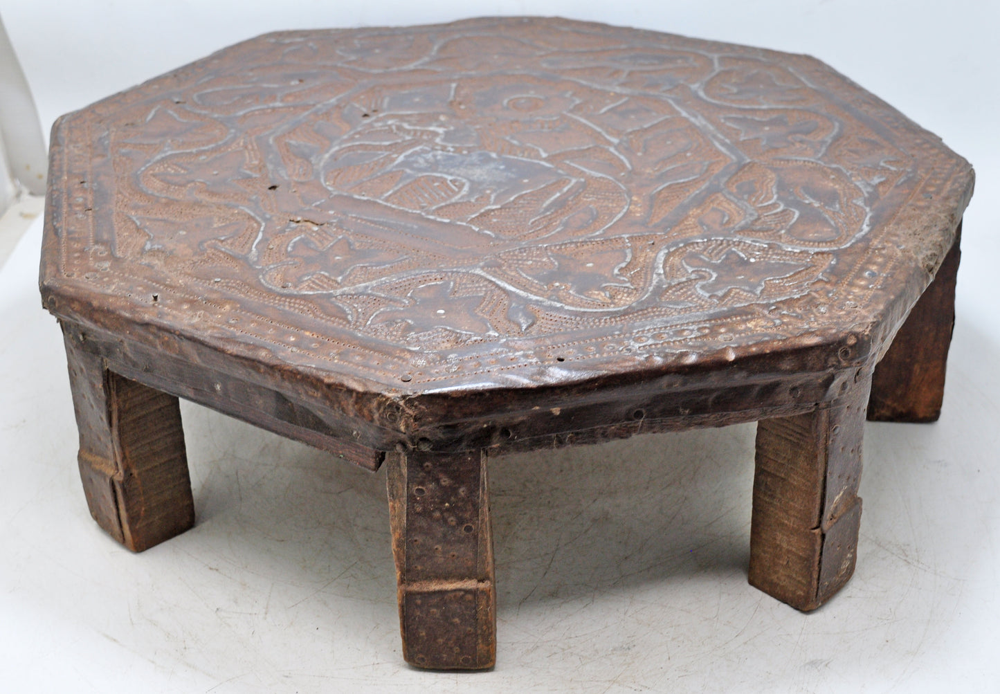 Antique Wooden Floor Sitting Bajot Lot Stool Original Old Fine Hand Crafted Metal Fitted