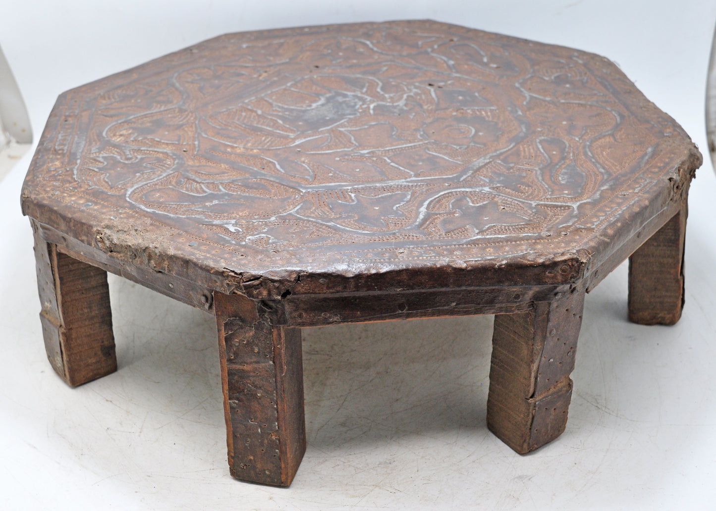 Antique Wooden Floor Sitting Bajot Lot Stool Original Old Fine Hand Crafted Metal Fitted