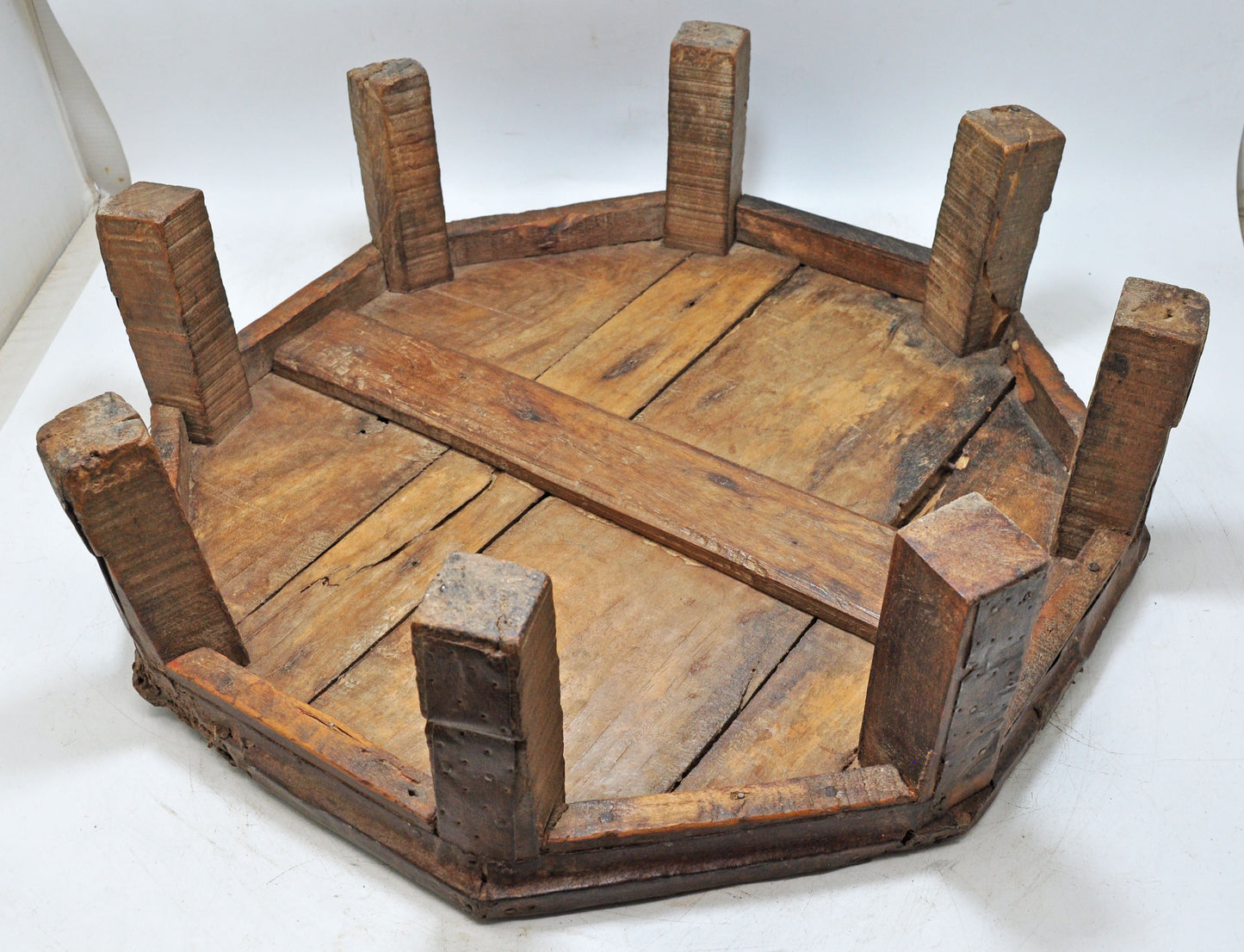 Antique Wooden Floor Sitting Bajot Lot Stool Original Old Fine Hand Crafted Metal Fitted