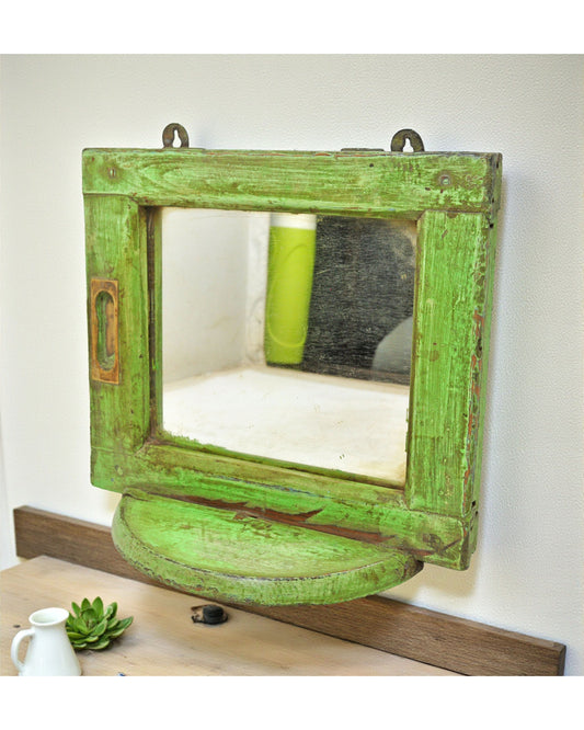Vintage Wooden Wall Décor Mirror Frame With Shelf Original Old Hand Crafted