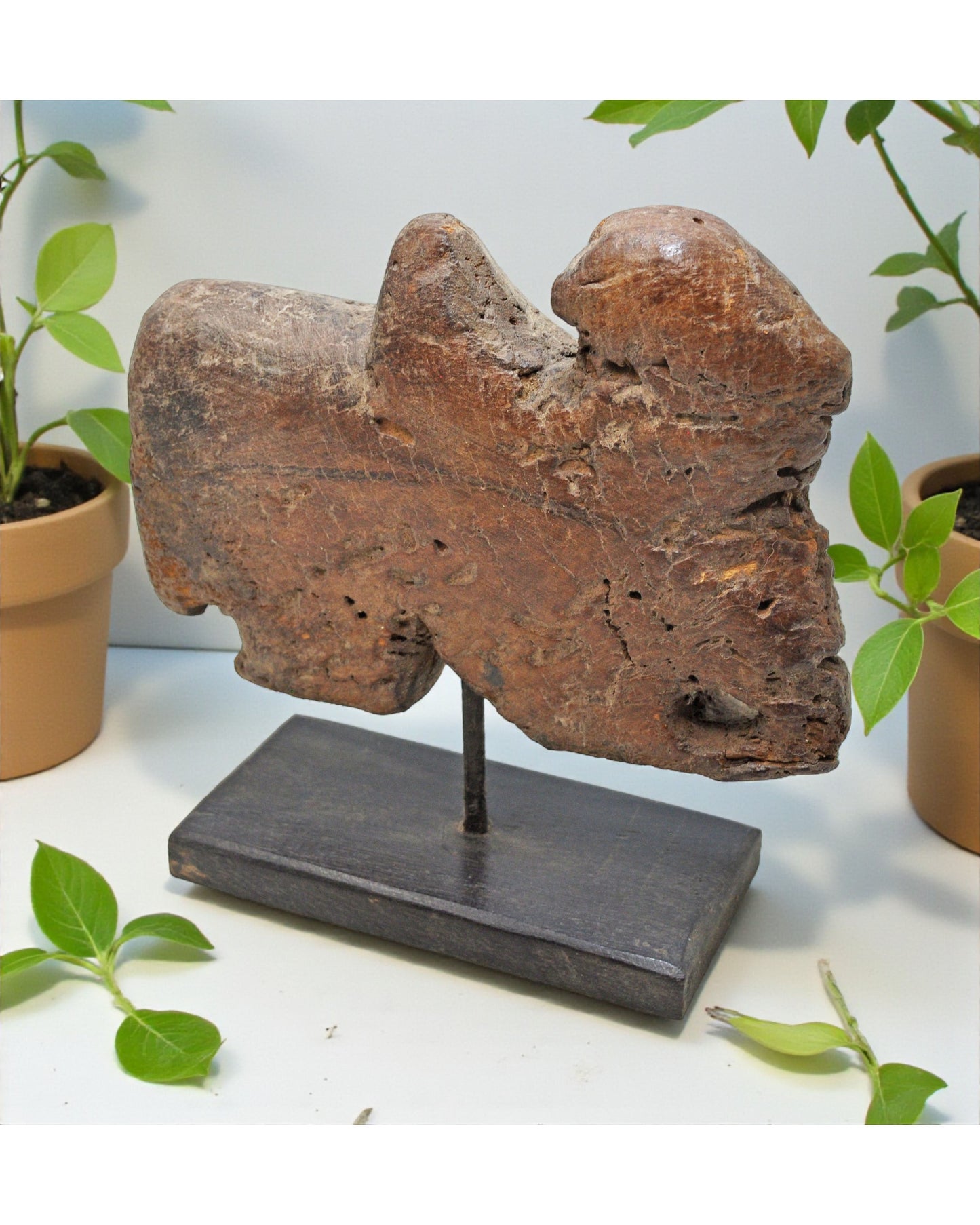 Antique Wooden Cow Figurine on Stand Original Old Hand Carved