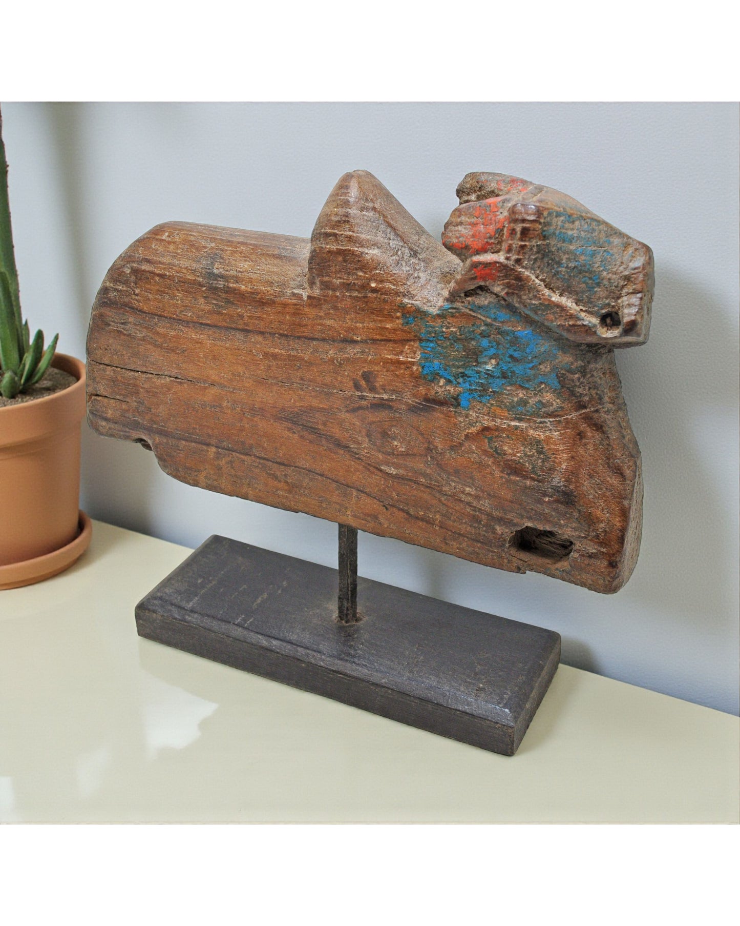 Antique Wooden Cow Figurine on Stand Original Old Hand Carved