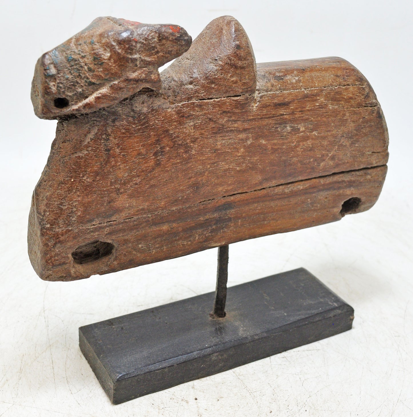 Antique Wooden Cow Figurine on Stand Original Old Hand Carved