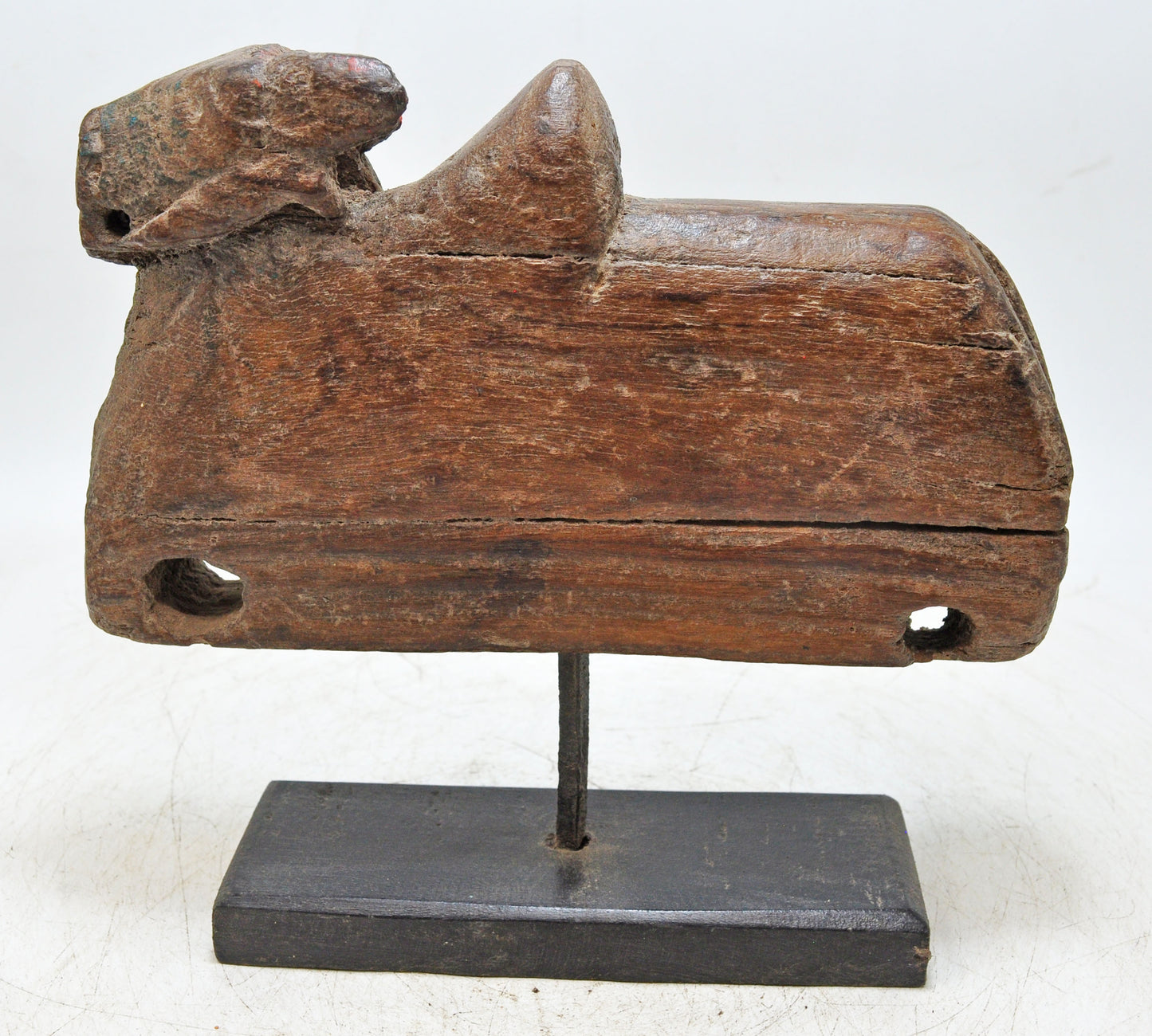 Antique Wooden Cow Figurine on Stand Original Old Hand Carved