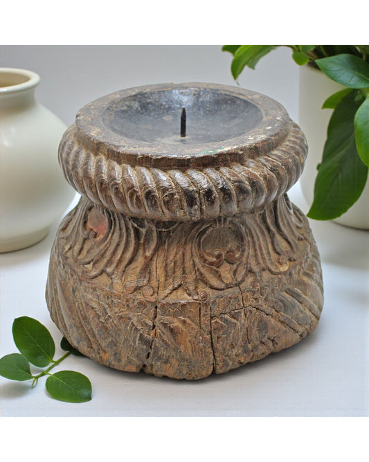 Antique Wooden Pillar Base Candle Holder Stand Original Old Fine Hand Carved