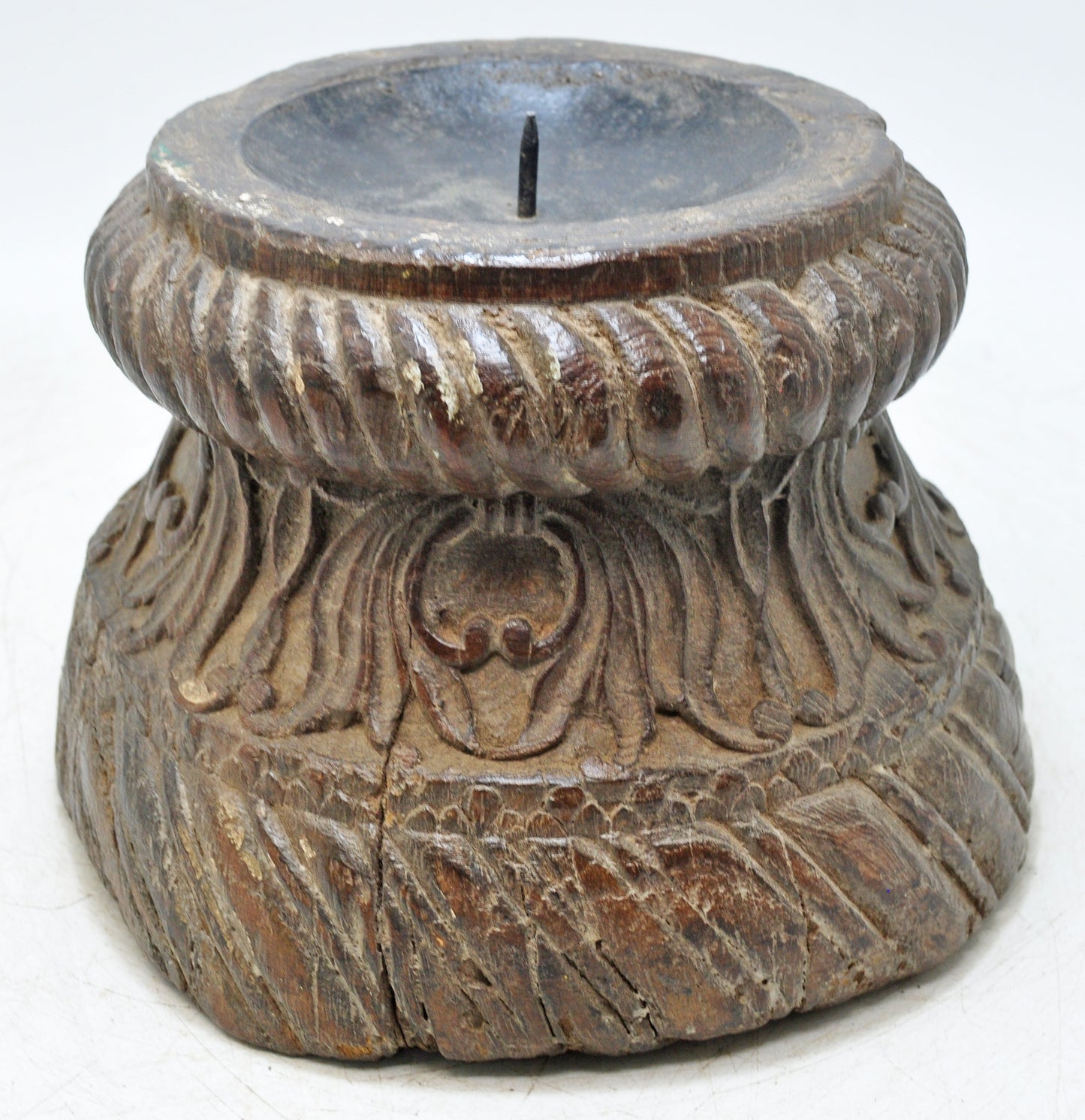 Antique Wooden Pillar Base Candle Holder Stand Original Old Fine Hand Carved