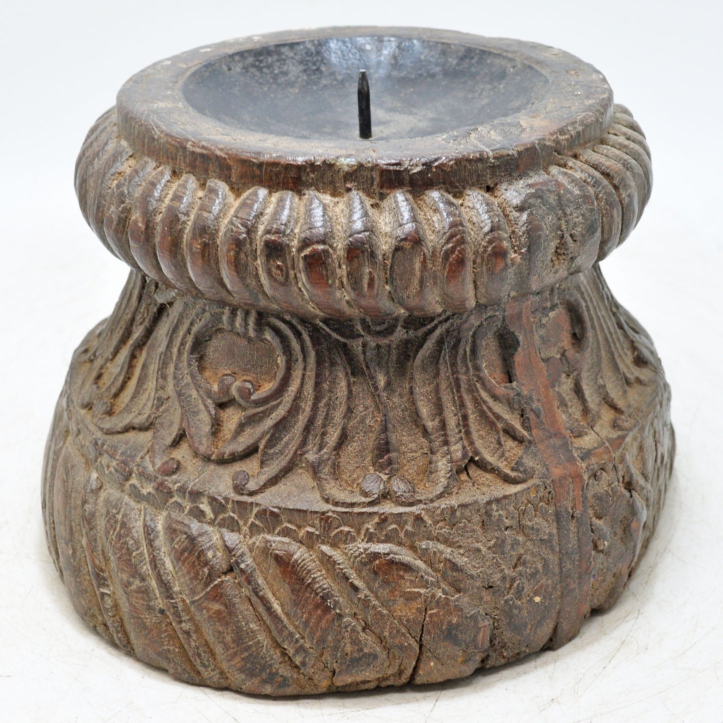 Antique Wooden Pillar Base Candle Holder Stand Original Old Fine Hand Carved