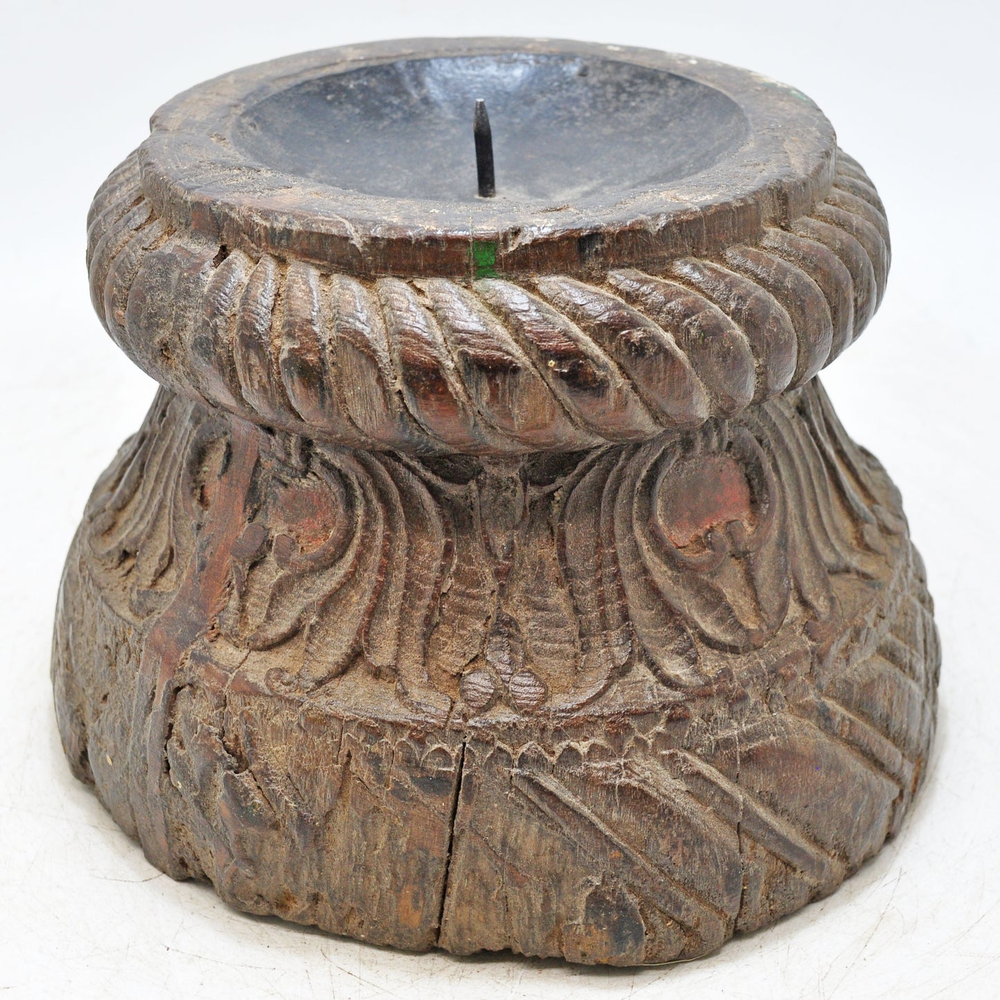 Antique Wooden Pillar Base Candle Holder Stand Original Old Fine Hand Carved