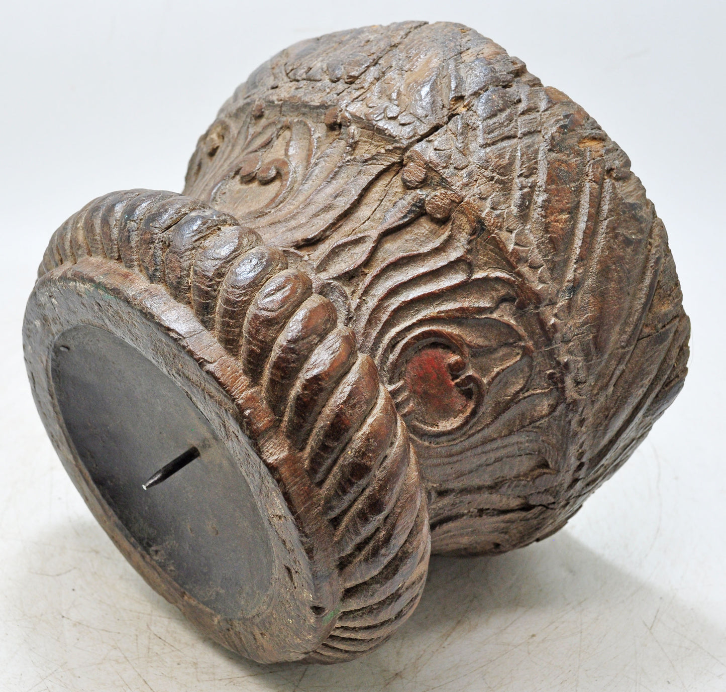 Antique Wooden Pillar Base Candle Holder Stand Original Old Fine Hand Carved