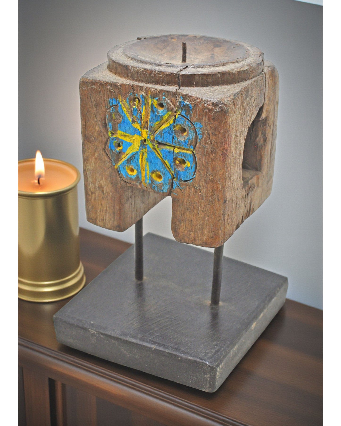 Antique Wooden Candle Holder Stand Original Old Hand Carved