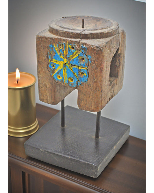 Antique Wooden Candle Holder Stand Original Old Hand Carved
