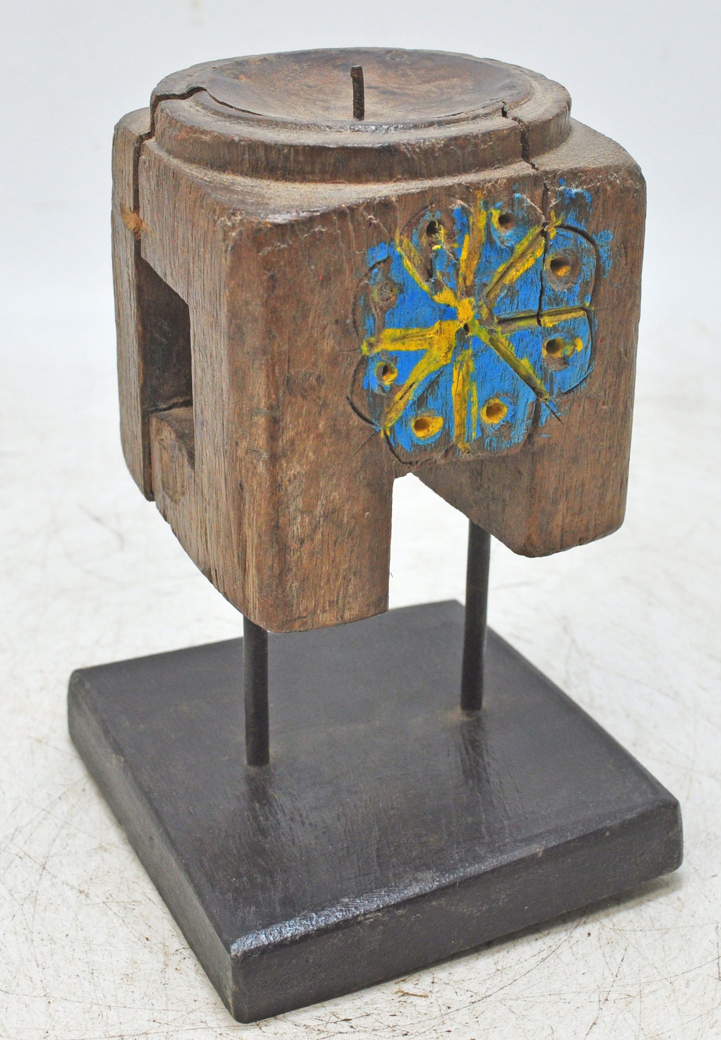 Antique Wooden Candle Holder Stand Original Old Hand Carved