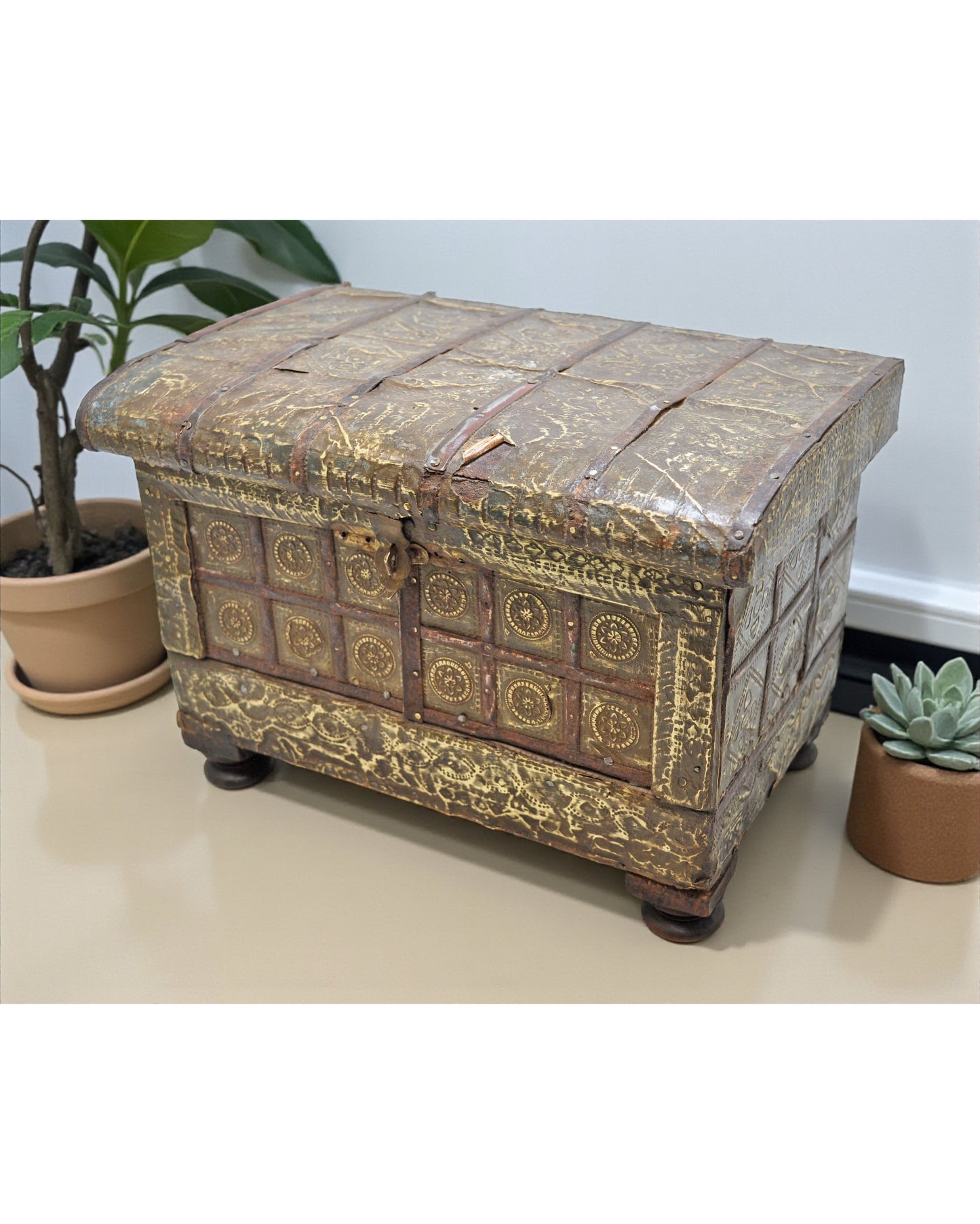 Antique Wooden Storage Chest Box Original Old Hand Crafted Brass Fitted