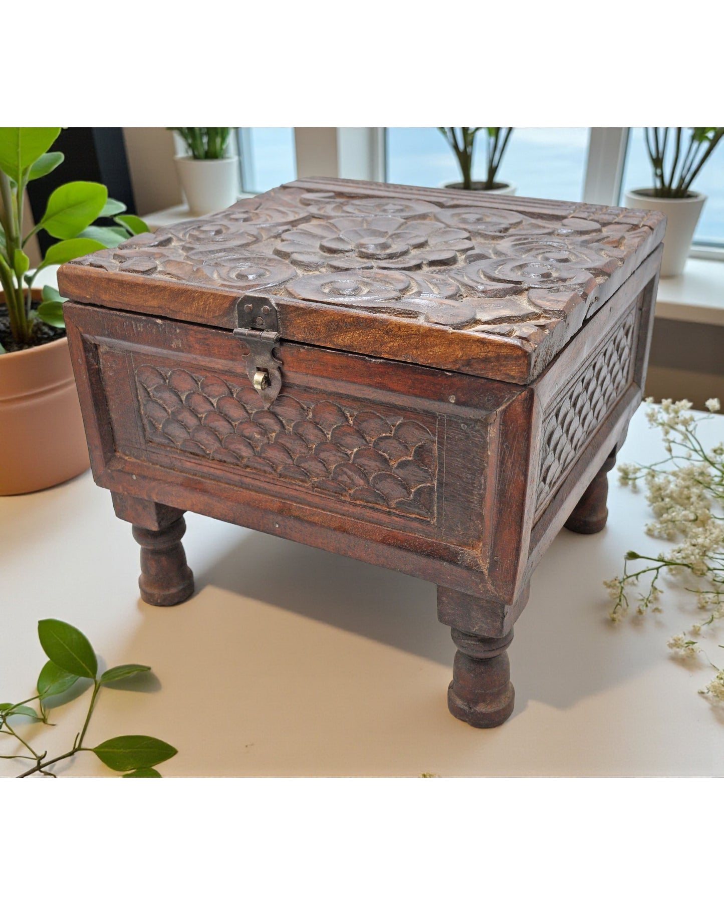 Vintage Wooden Storage Chest Box Original Old Hand Crafted Carved