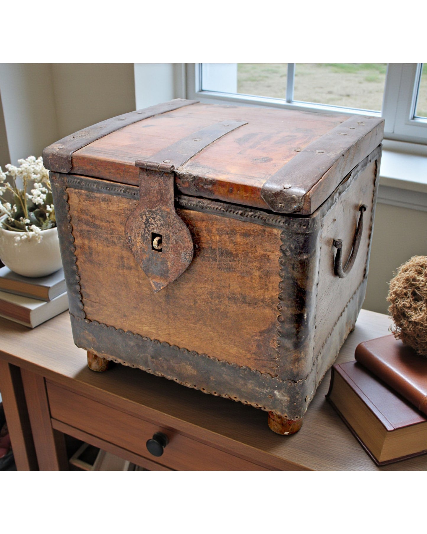 Vintage Wooden Square Storage Chest Box Original Old Hand Crafted Metal Fitted