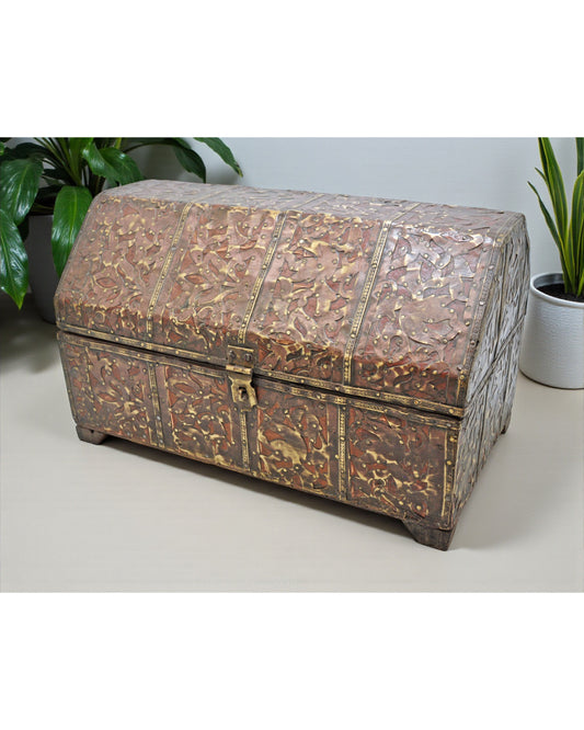 Antique Wooden Dome Shaped Storage Chest Box Original Old Fine Brass Fitted