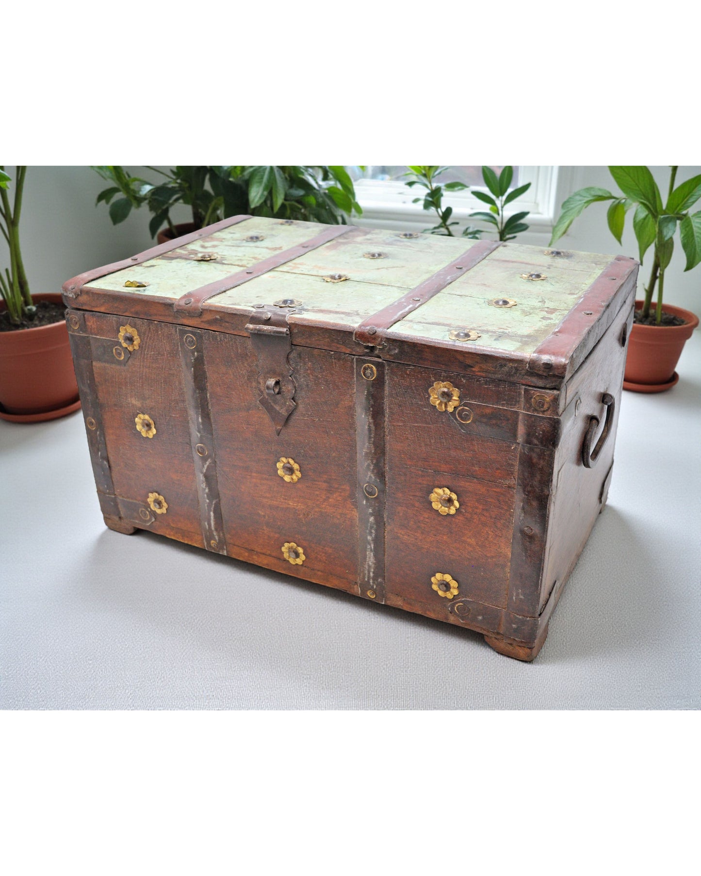 Antique Wooden Large Storage Chest Box Original Old Brass Fitted