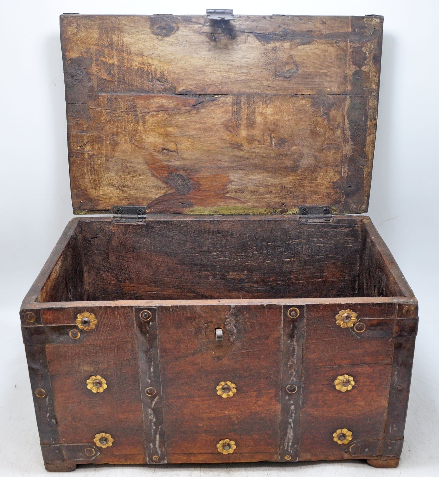 Antique Wooden Large Storage Chest Box Original Old Brass Fitted