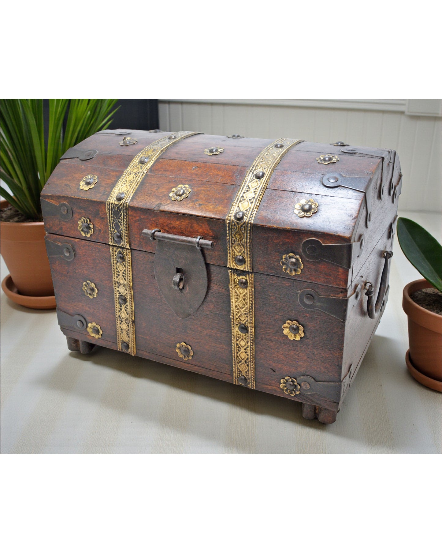 Antique Wooden Large Storage Chest Box Original Old Brass Fitted