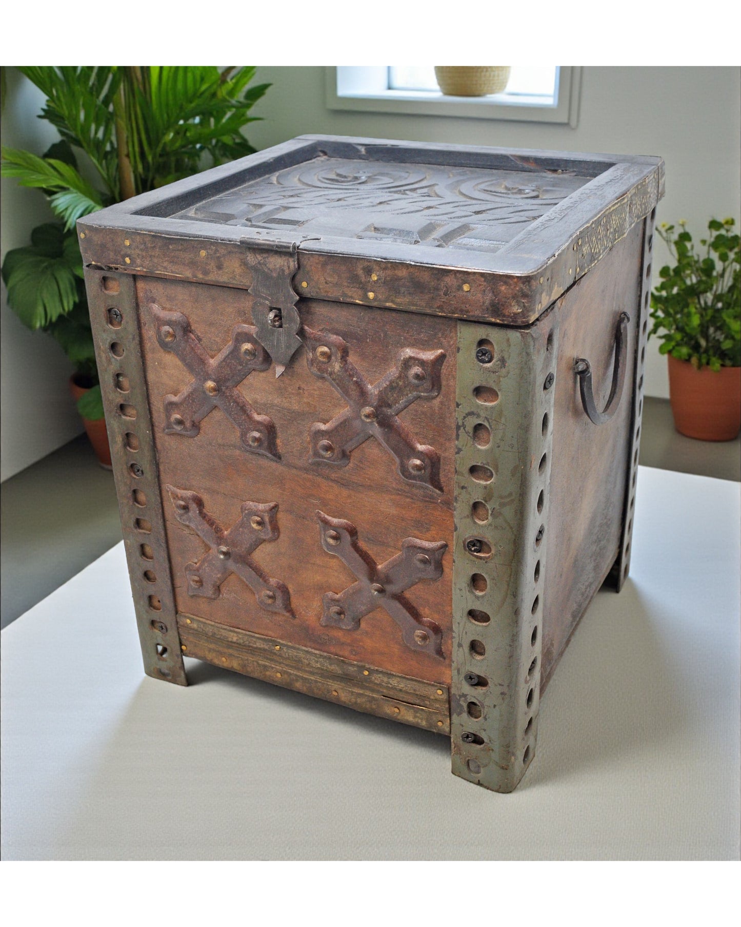 Vintage Wooden Square Storage Chest Box Original Old Hand Crafted Metal Fitted
